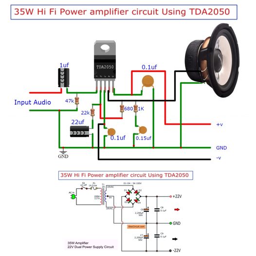 35W Hi Fi Power amplifier circuit Using TDA2050