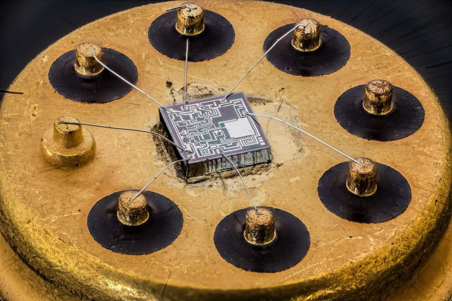 Fairchild uA741 opamp from 1969.  For best viewing, click on image