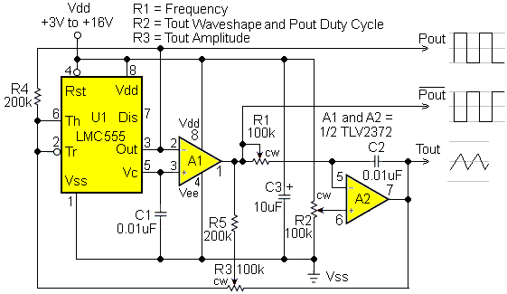 555 triangle generator with adjustable frequency, waveshape, and amplitude