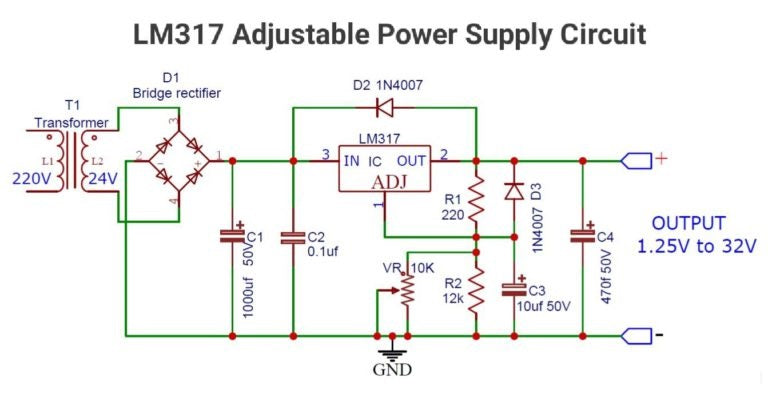 LM317 Adjustable Power Supply Circuit