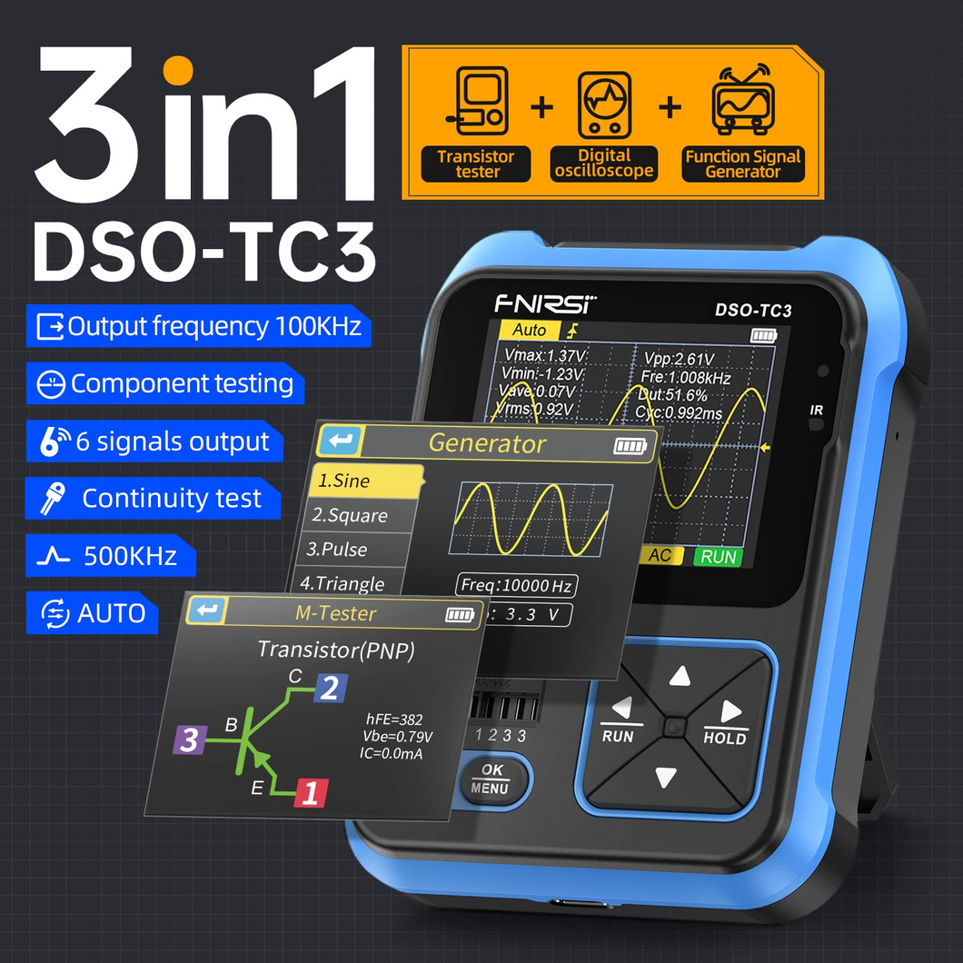 FNIRSI DSO-TC3 3-in-1 Digital Oscilloscope, Transistor Tester, Signal Generator – Handheld